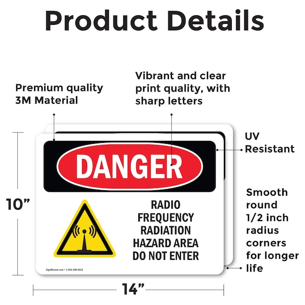 Radio Frequency Radiation Hazard Area Danger Sign, Vinyl Decal, 14in W X 10in L, 2PK